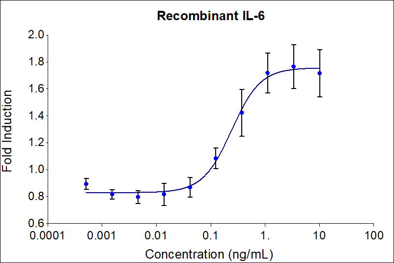 Recombinant human IL-6 (HZ-1019) stimulates dose-dependent proliferation of the 3G12B10 hybridoma cell line. Cell number was quantitatively assessed by PrestoBlue® Cell Viability Reagent. 3G12B10 cells were treated with increasing concentrations of recombinant IL-6 for 96 hours. The EC50 range is 0.03-0.24 ng/mL​.

