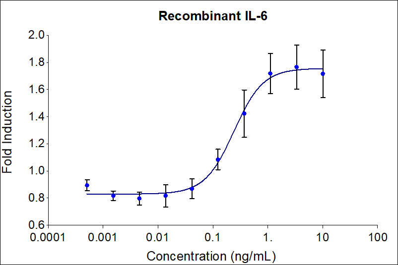 Recombinant human IL-6 (HZ-1019) stimulates dose-dependent proliferation of the 3G12B10 hybridoma cell line. Cell number was quantitatively assessed by PrestoBlue® Cell Viability Reagent. 3G12B10 cells were treated with increasing concentrations of recombinant IL-6 for 96 hours. The EC50 range is 0.03-0.24 ng/mL​.

