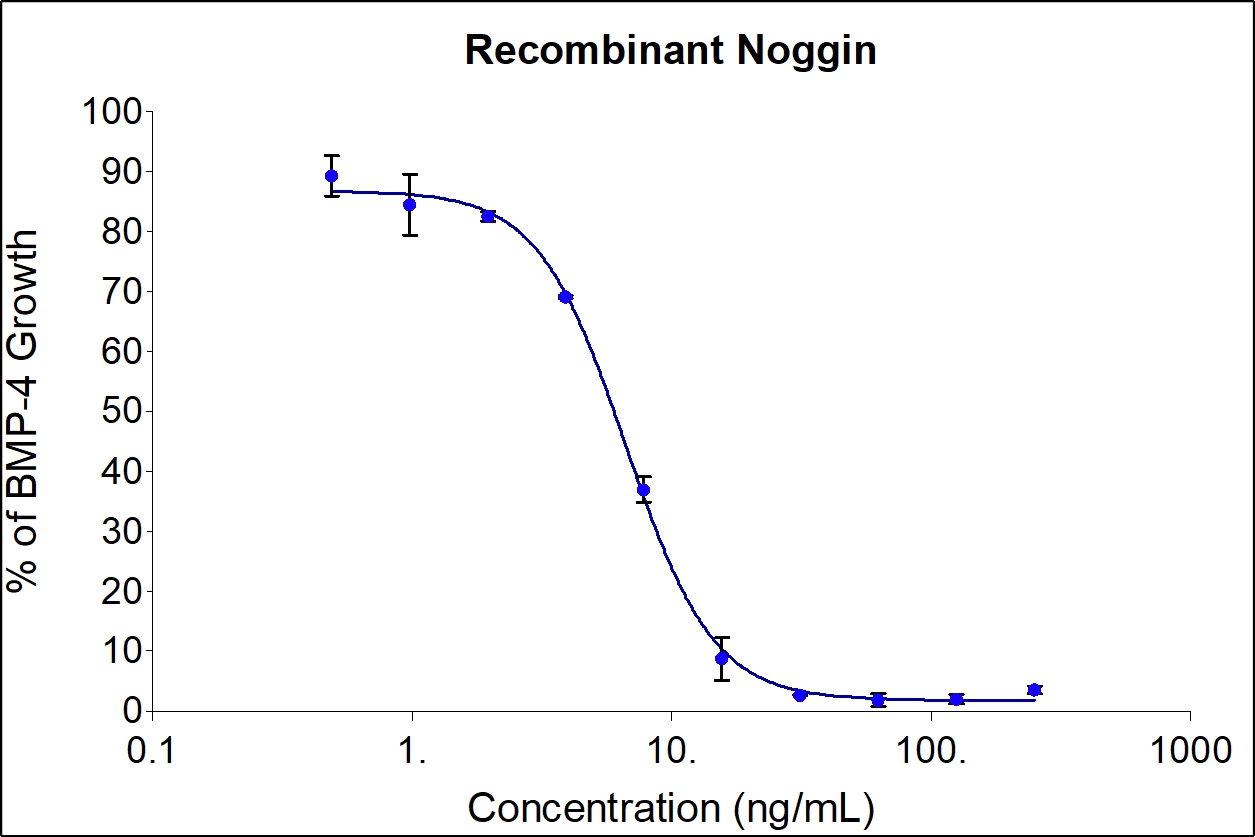 Recombinant human Noggin (HZ-1118-GMP) inhibits dose-dependent induction of alkaline phosphatase production by BMP-4 in the ATDC-5 mouse chondrogenic cell line. Alkaline phosphatase production was assessed using pNPP as a chromogenic substrate. ATDC-5 cells were treated with increasing concentrations of recombinant human Noggin and 40 ng/mL of BMP-4 (HZ-1045) for 72 hrs hours before lysis and addition of pNPP. The EC50 was determined using a 4-parameter non-linear regression model. The EC50 values range from 1.5-15 ng/mL.